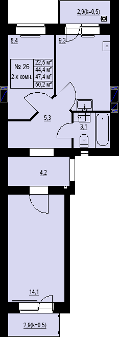 Двухкомнатная квартира 47,4 м2