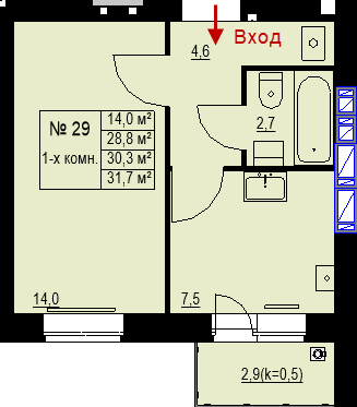 Однокомнатная квартира 30,3 м2