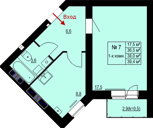 Однокомнатная квартира 38,0 м2