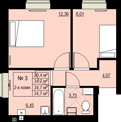 Двухкомнатная квартира 34,7м2