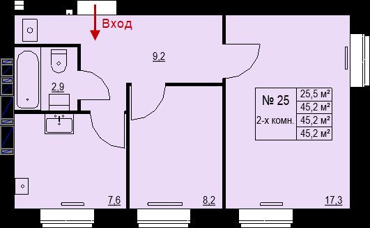 Двухкомнатная квартира 45,2м2